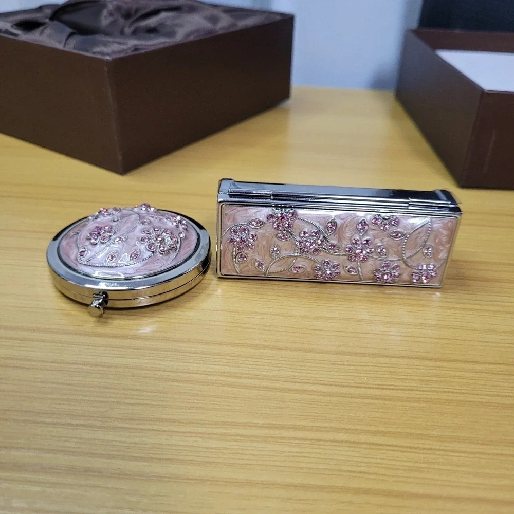 Argento SC Compact Mirror Lipstick Case Swarovski Crystals Set Pink Floral Gift